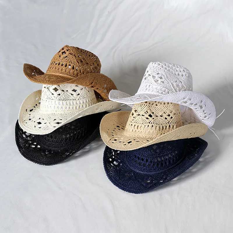 Cowboy hat fashion hollow handmade cowboy straw hat mens summer outdoor travel beach hat unisex solid color western cowboy hat X250329