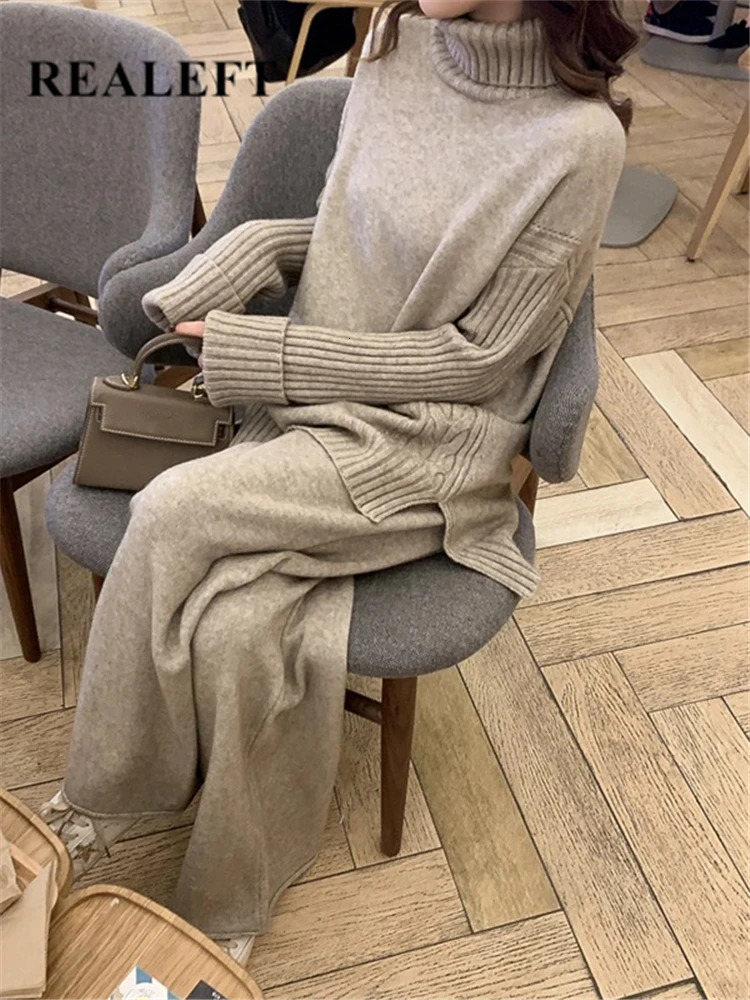 Autumn Winter 2 Pieces Women Sets Knitted Tracksuit Turtleneck Sweater and Wide Leg Jogging Pant Pullover Suits 250106
