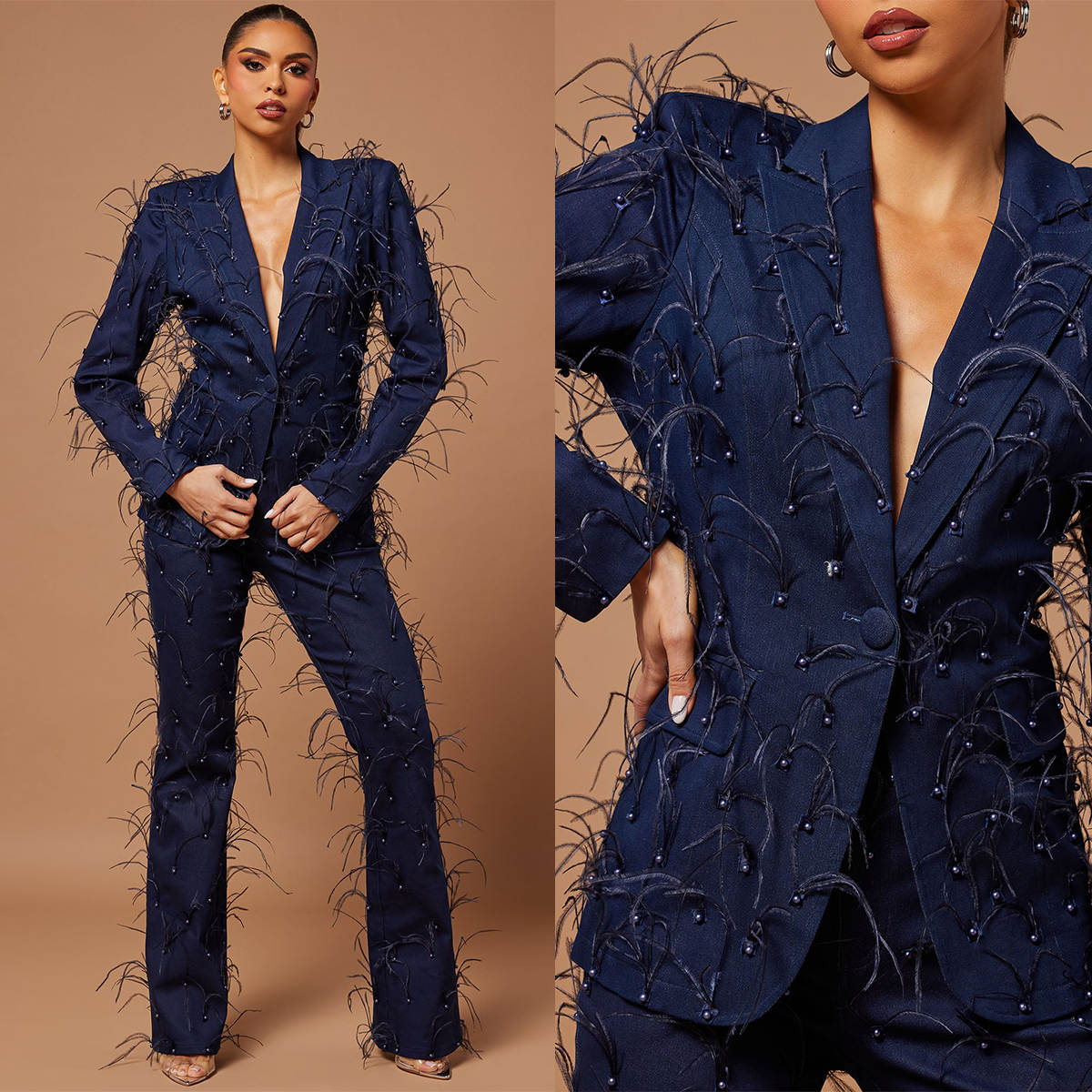 Luxury Women Suits One Button Feather Pearls Ladies Outfits 2 Pieces set Jacket Pants Mother Of The Bride Suit Prom Blazer Customized