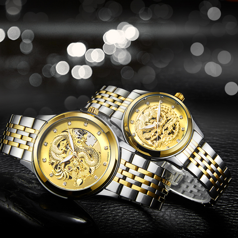 TEVISE Luminous Mechanical Watch Automatic Dragon themed Watch Mens Business Stainless Steel Strap Watch Wristwatch Couple Watch for men and women T04