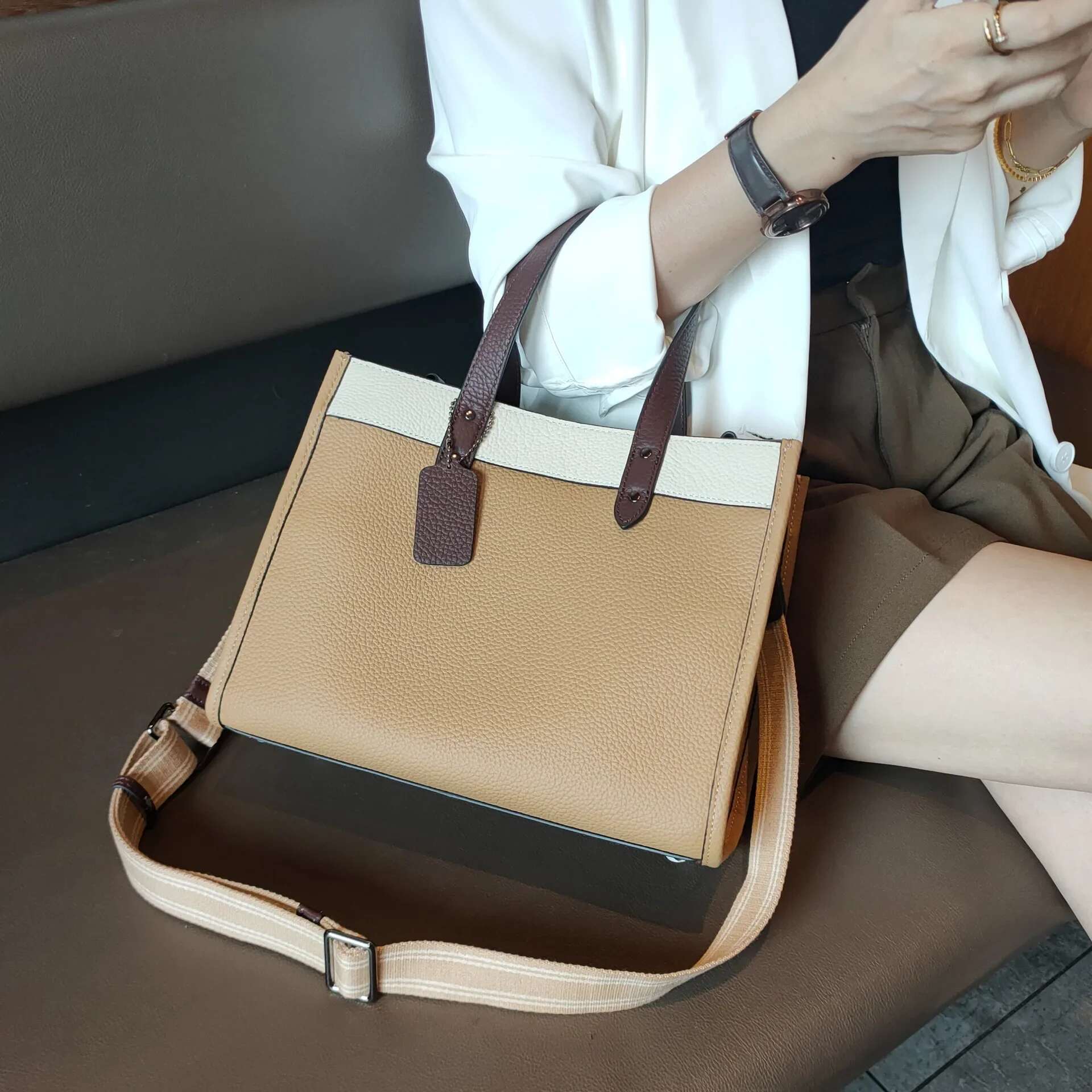 Panelled Hit Color Fashion Tote 100% Natural COW Leather Women Handbag Business OL Style Wide Strap Office Girl Shoulder Bag