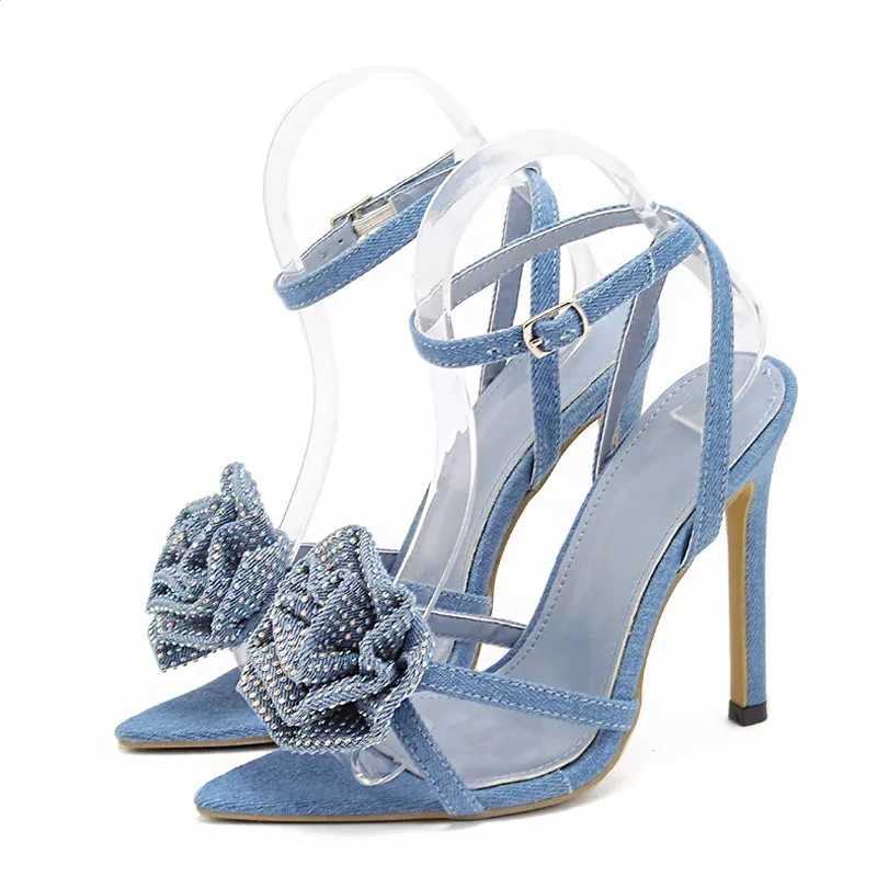 Summer Fashion Crystal Flower Women's 11.5CM Thin High Heels Gladiator Sandals Sexy Pointed Toe Wedding Banquet Shoes Blue 250110