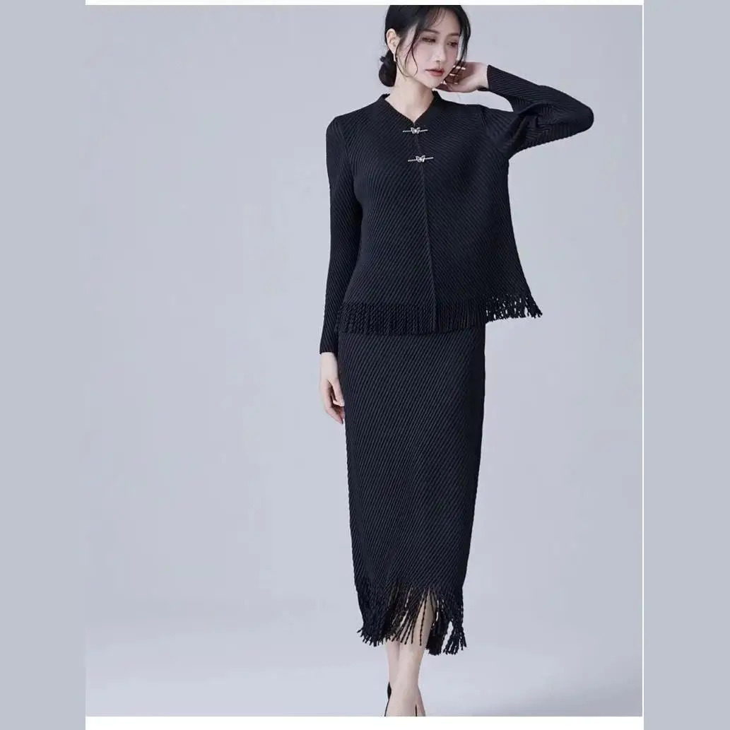 Spring Vintage Tassels Miyake Pleated 2 Pieces Set Women Solid Office Stretch Blouse TopElastic Waist Midi Skirt Suit 250106