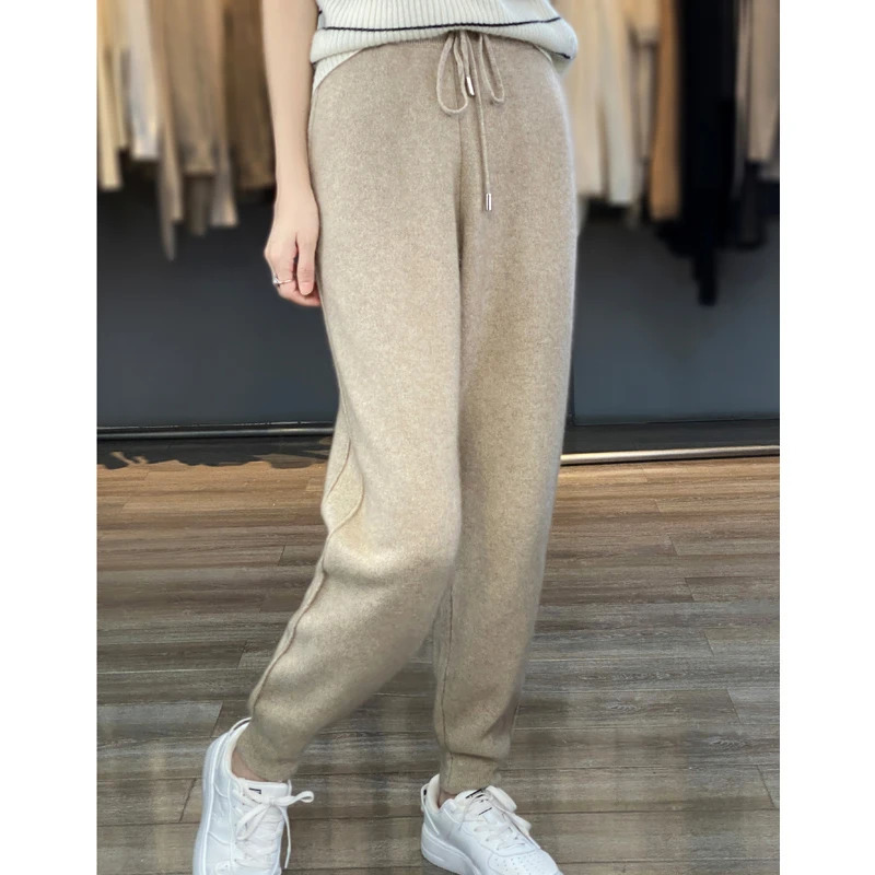 100% Merino wool cashmere womens knitted pants in autumn and winter elastic waist fashion feet 250108