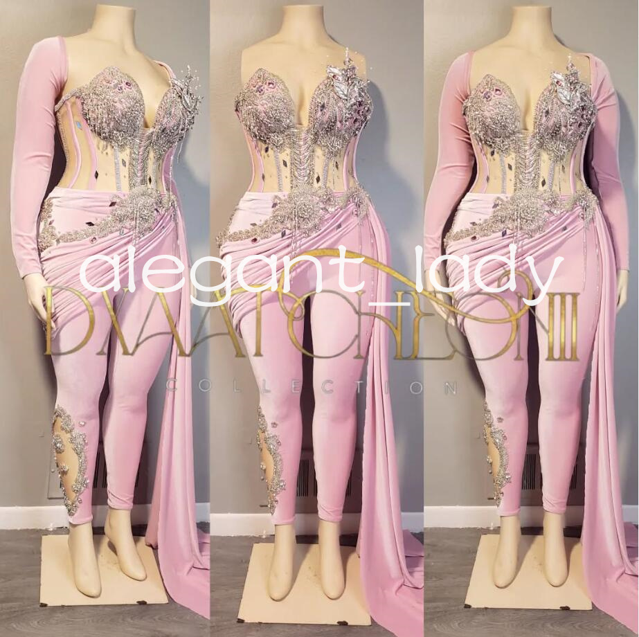Pink Aso Ebi Corset Jumpsuit Prom Dresses with Long Sleeve Customsized Sparkly Diamond Eveinng Birthday Gala Dress Pant Suit evening