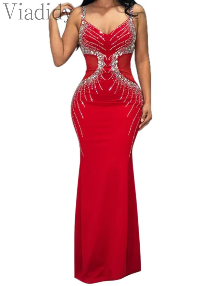 Women Spaghetti Strap Rhinestone Floor Length Mermaid Party Dress 250106