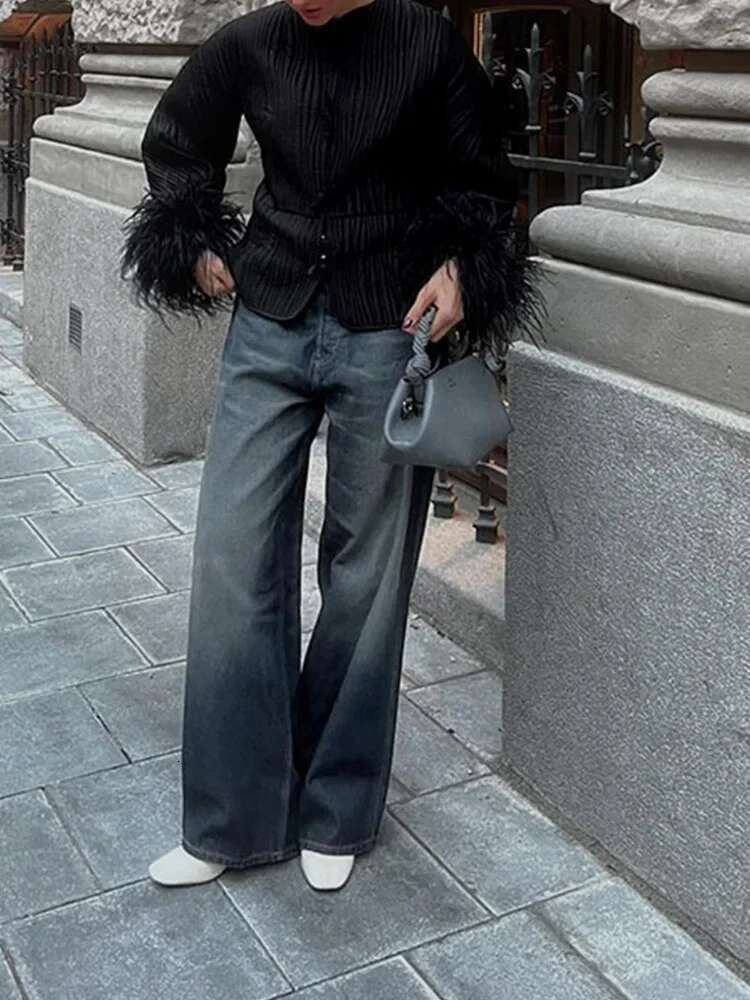Fashion Solid Loose Spliced Feather Cuffs Lace Up Cotton Coat Streetwear O Neck Long Sleeves Jacket 2024 Autumn Winter Jackets