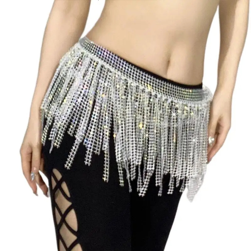 Women Glitter Belly Dance Hip Belt Scarf Diamond Exquisite Tassel Shawl Waist Chain Rave Outfit Stage Costume Practice Dancewear 250107