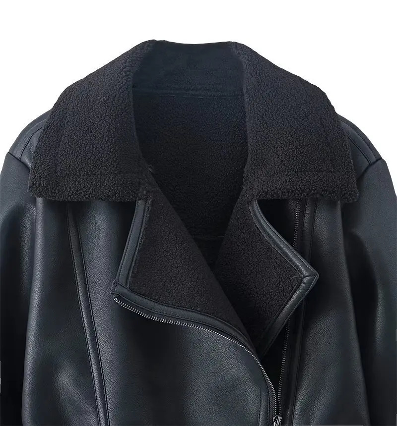 Autumn Winter Women Warm Black Zipper Faux Leather Jacket Coat Loose Turn Down Collar Thickness Overcoat Female Outwear 250103