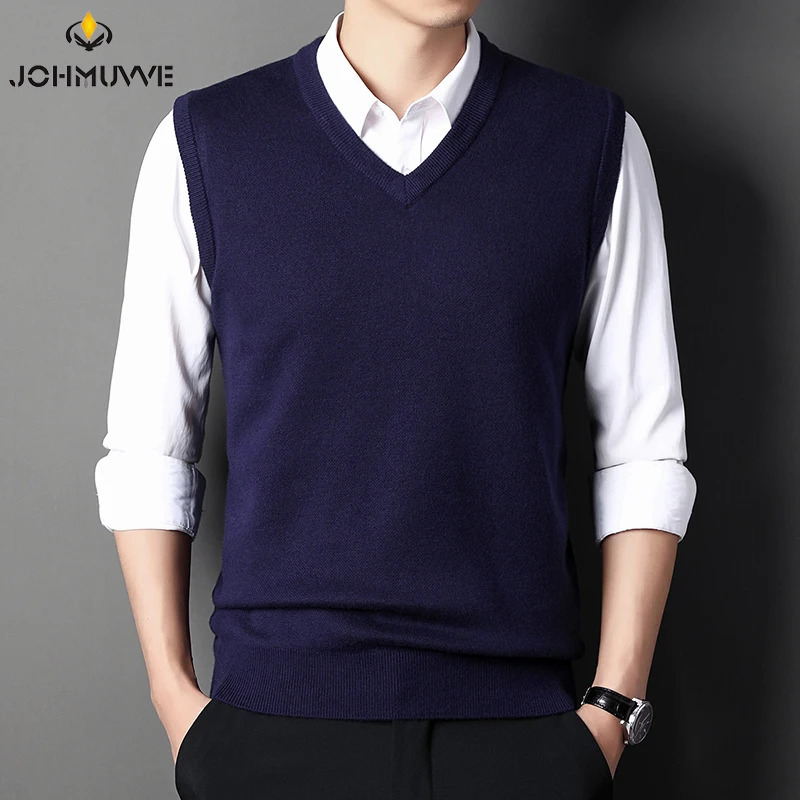 JOHMUVVE Men Vneck Vest Trend Retro Solid Color Allmatch Casual Business Work Woolen Knit Autumn 250107