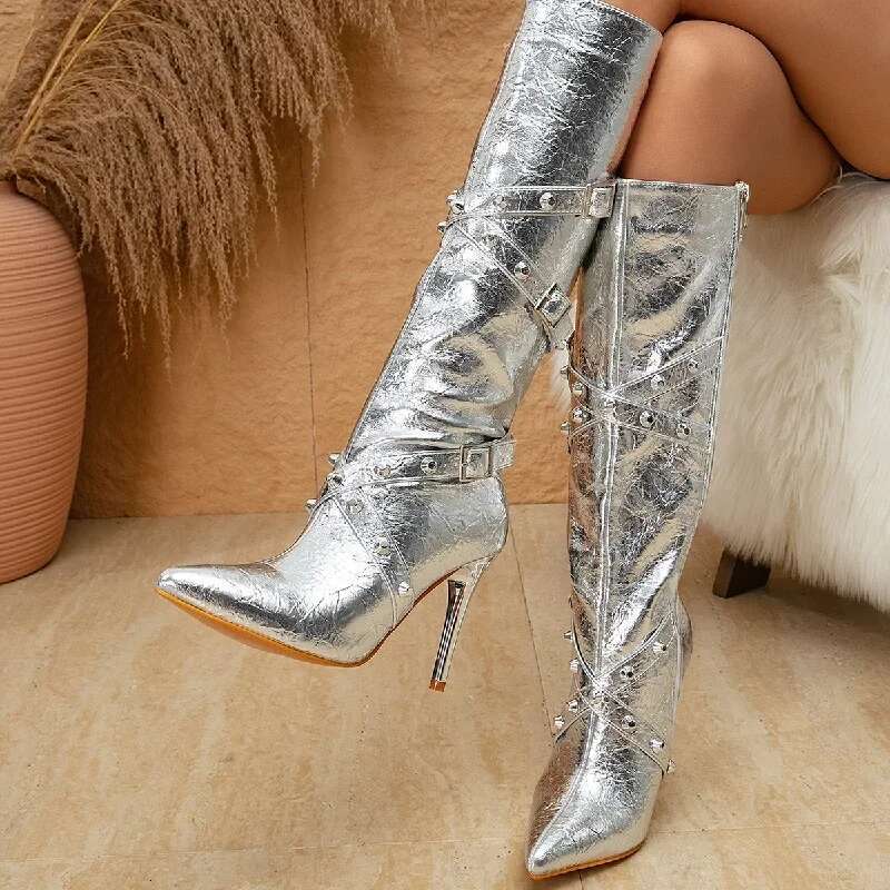 Eilyken Gold Sier Belt Buckle Rivet Pointed Toe Women Knee-High Boots Designer Thin High Heels Banquet Prom Shoes