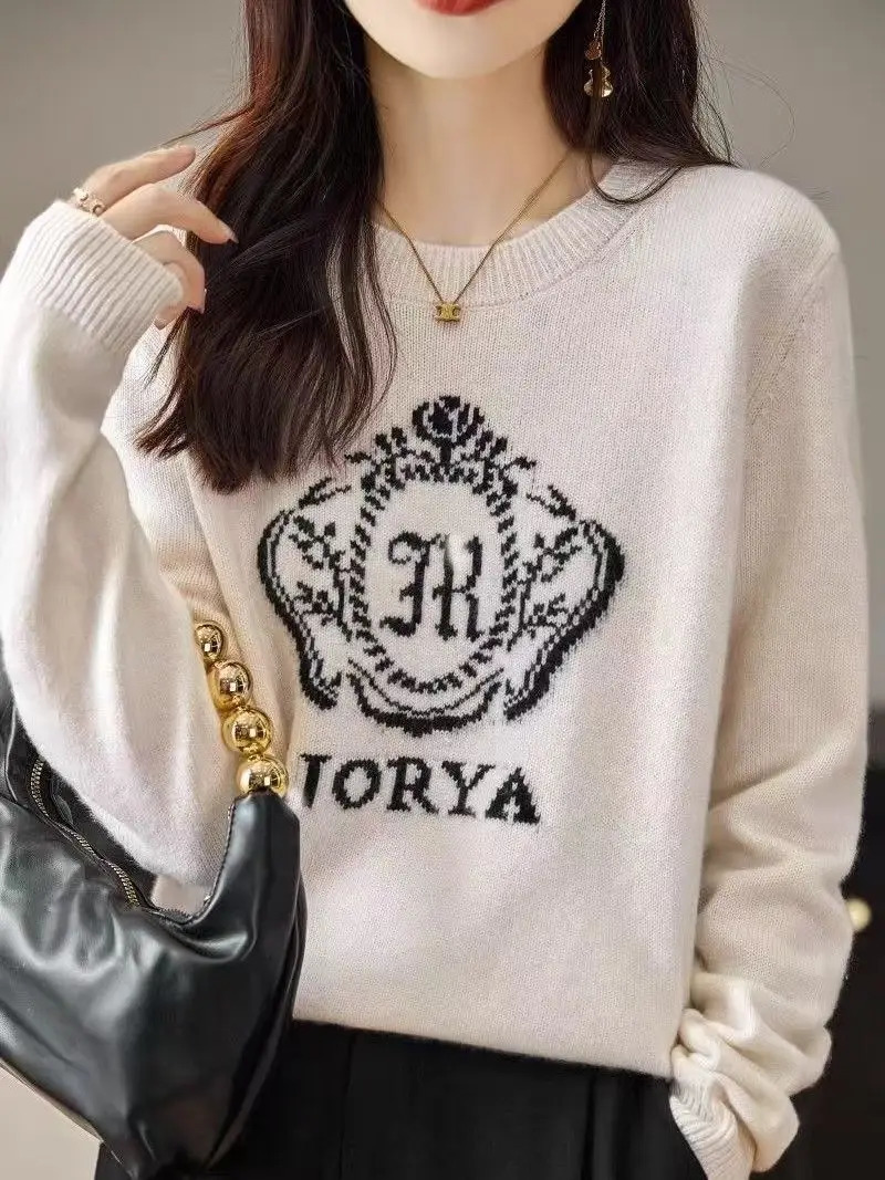 Women Letter Jacquard Knitted Sweater Autumn Winter Oeck Loose Vintage Chic Pullovers Casual Fashion Long Sleeve Tops 250108