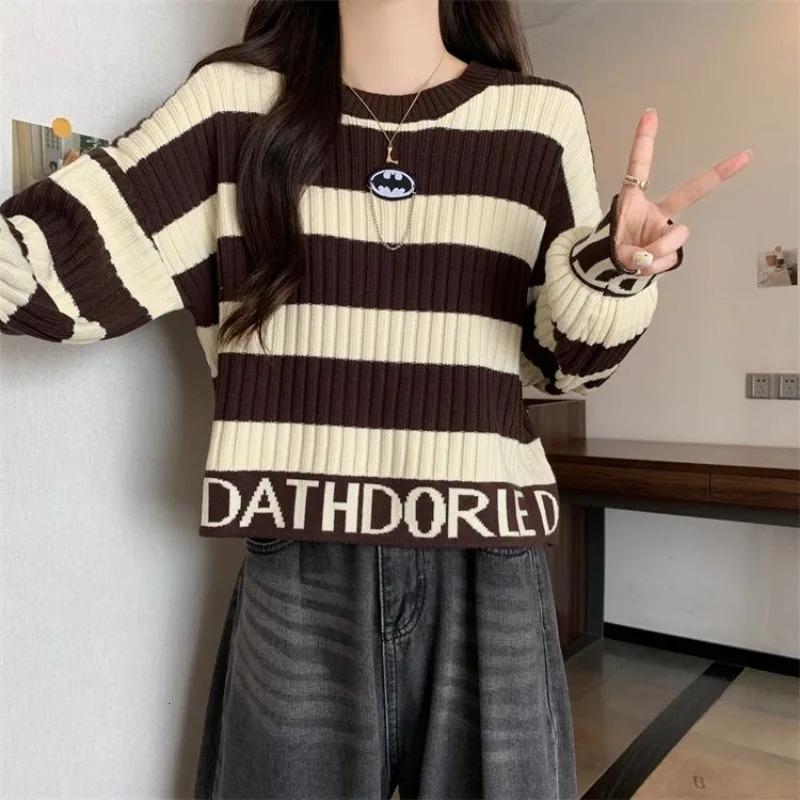 Autumn Winter Fashion Letter Striped Knitwear Women Simplicity Thick Oneck Long Sleeve Sweater Casual Allmatch Knitting Tops 250108