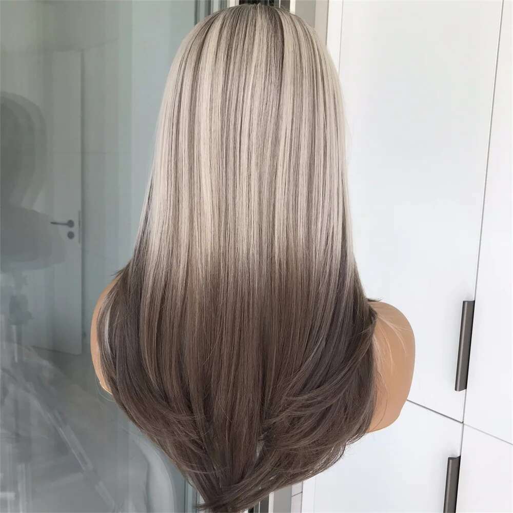 Wear And Go Layered Cut Pre Plucked Beginner Synthetic Lace Front Wig With Bangs Straight Wigs For Women Highlights