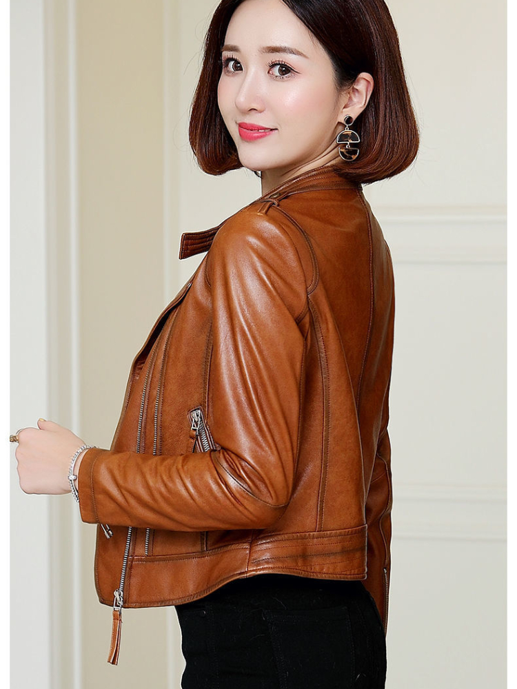 574Y946 Spring and Autumn Women's Jacket Leather Short Sheepskin Slim Fit and Slimming Motorcycle Suit Wholesale and Customization