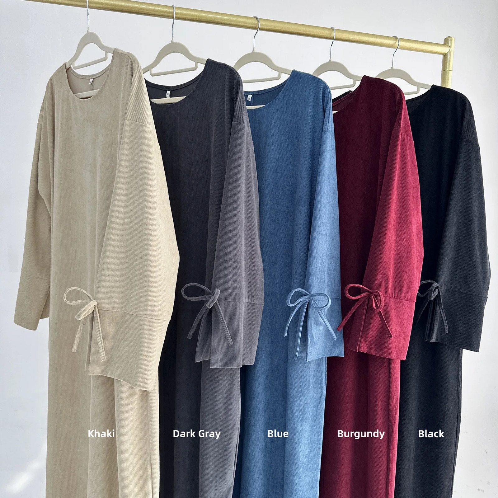 Bowknot Decorations Corduroy Abaya Muslim Women Dress O Neck Side Pockets Warm Loose Modest Islam Hijabi Robe Ramadan Autumn 250106