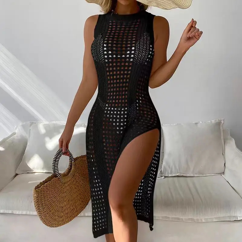 Women Summer Sexy Hollow Out Knitted Beach Cover Up Double Side Slits Dress Femme Beachwear Round Neck Sleeveless Clothes 250108