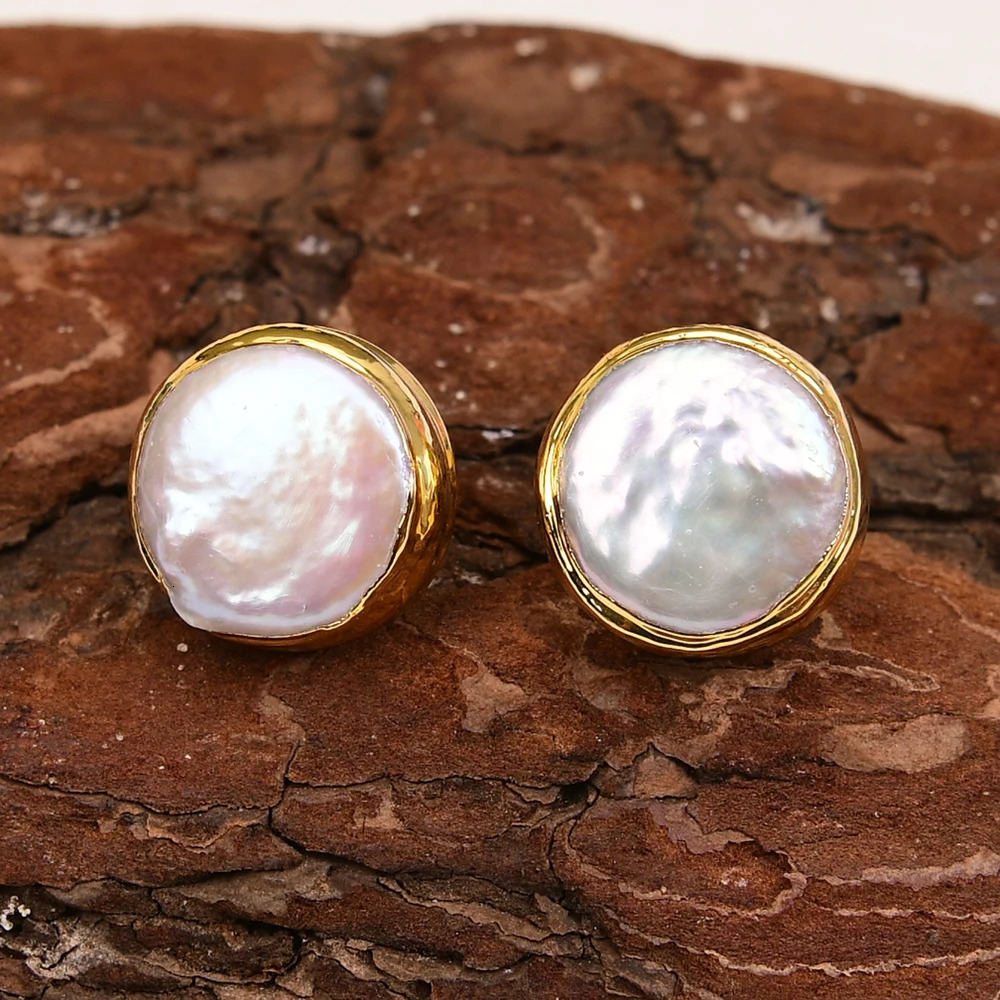 G-G Natural Culture White Coin Pearl Big Casey Pearl Stud Earrings Gold Plated Classic Earrings Wedding Jewelry Gifts 250109