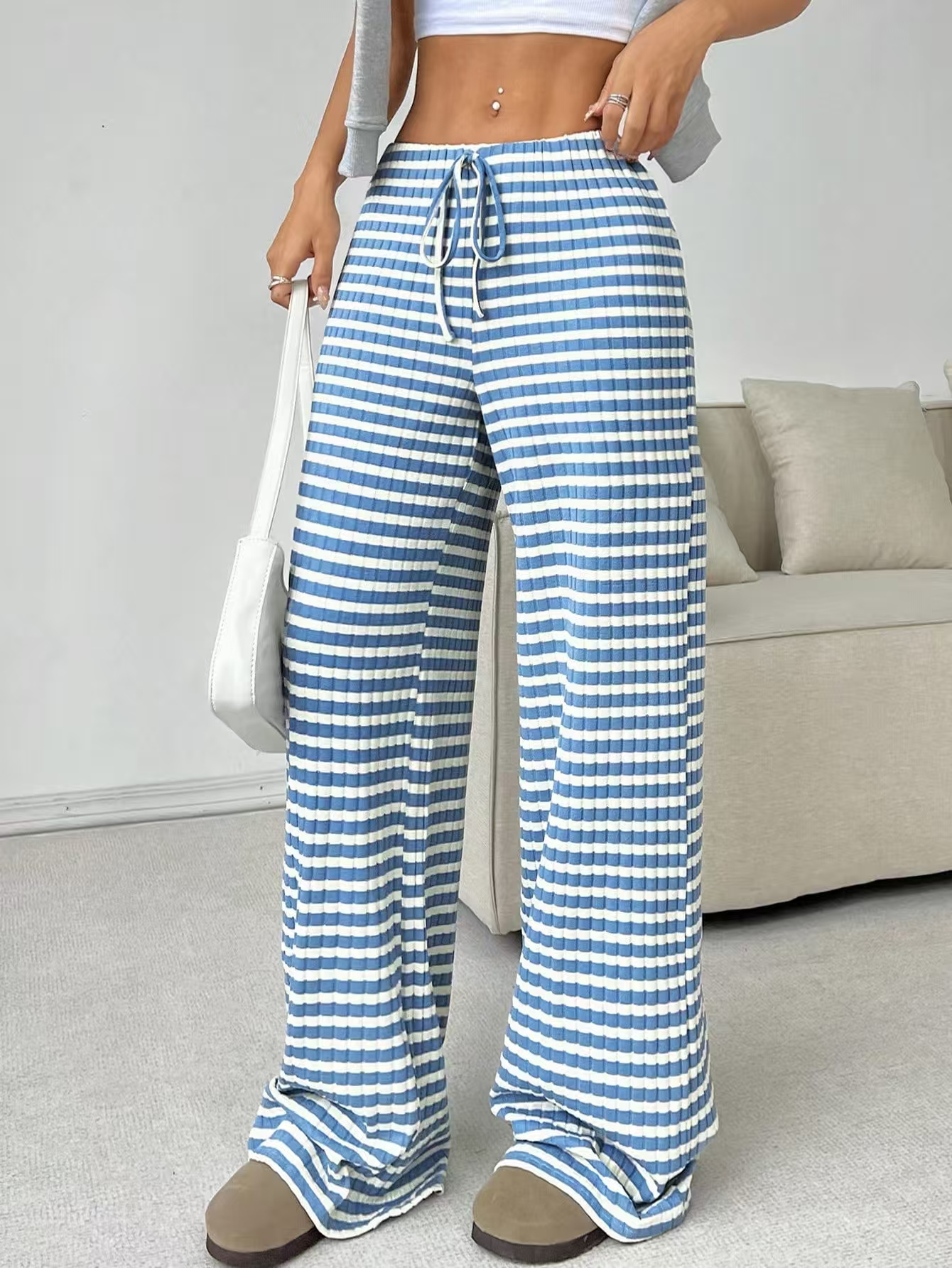 Thin towel wide-leg pants women's high waist drooping loose slim straight casual striped knitted pants mopping the floor in summer#3453