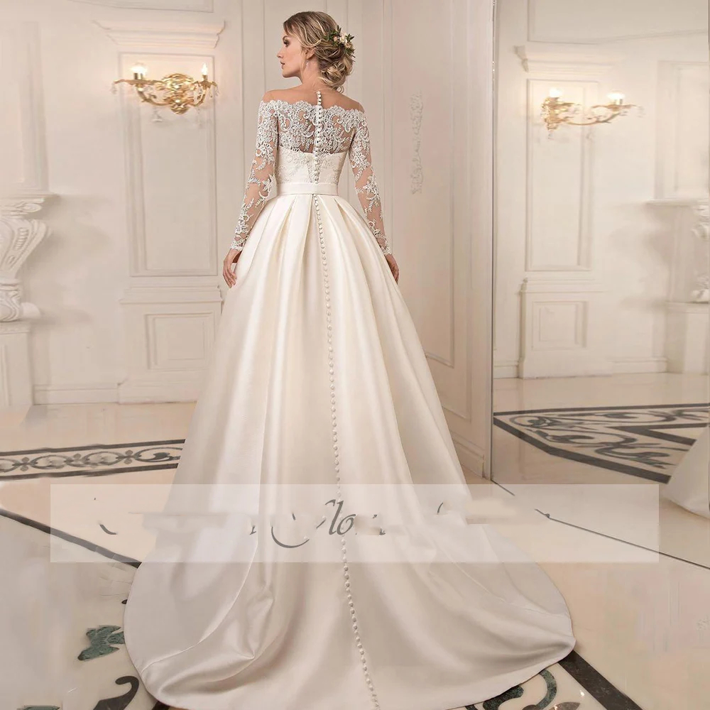 Simple Ivory Satin A-Line Wedding Dresses Bateau Neck Lace Long Sleeves Elegant Bridal Gowns Back Buttons Sweep Train 2025