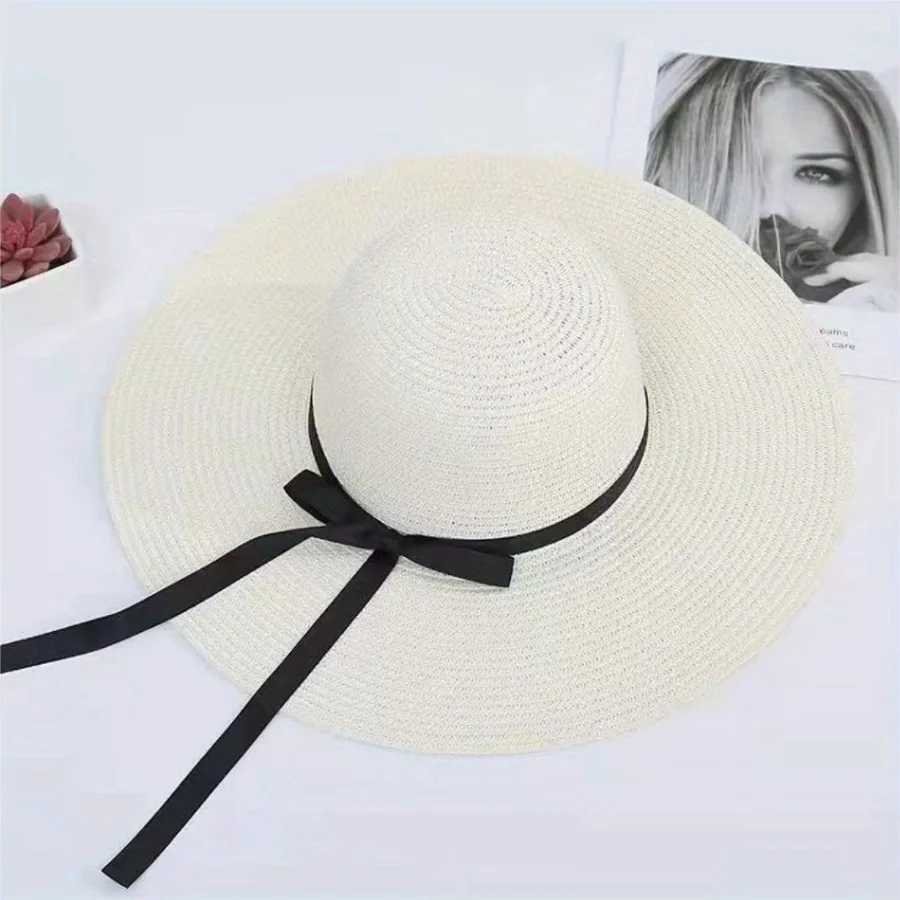 Summer Sunscreen Straw Big Brim Bow Ribbon Hat Solid Handmade Fishermans Hat Creative Dress up Travel Beach Clerk Bucket Hat X250109