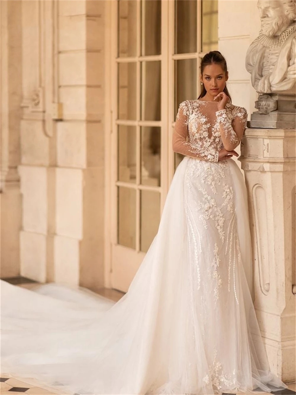 Mermaid Wedding Dress with Jewel Neck, Long Sleeves, Appliques & Detachable Train - Customized 2024