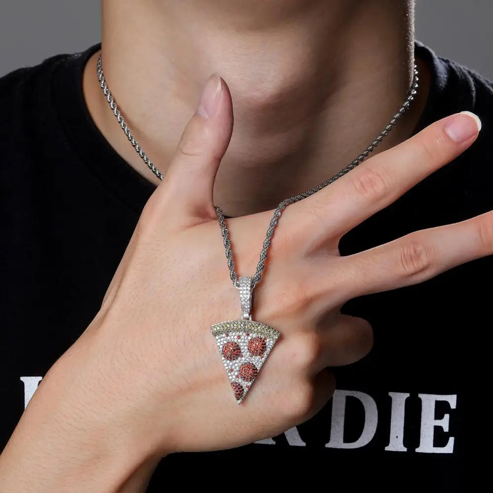 TOPGRILLZ Iced Out Pizza Pendant Necklace Copper Gold Silver Color Micro Paved Cubic Zircon Hip Hop Jewelry Gift For Men 250109