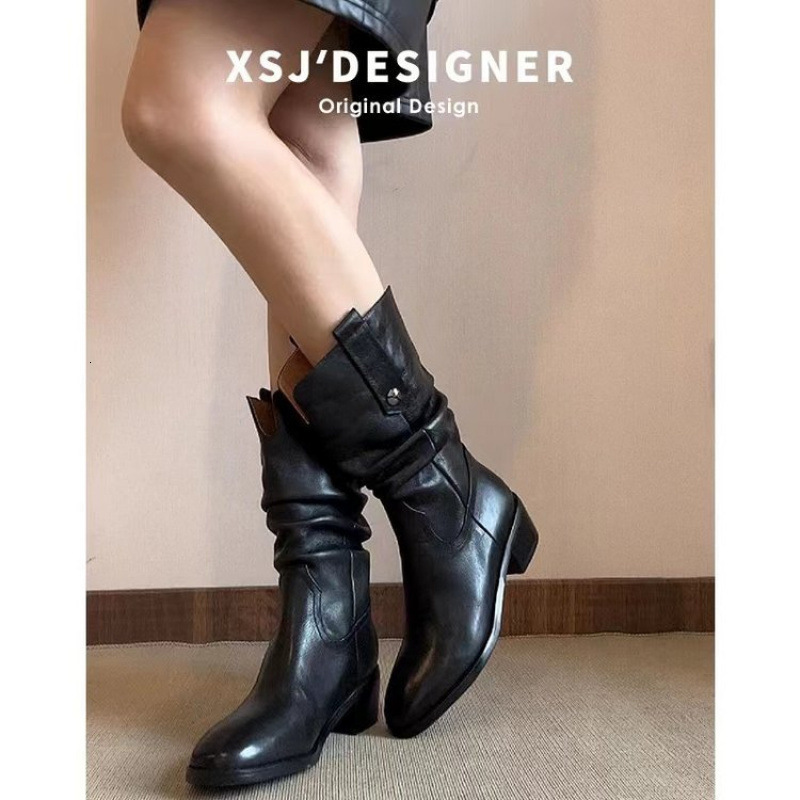 Retro Western Cowboy Boots Autumn/Winter New Round Head Thick Heel Stacked Boots Long Leg Knight Boots British Style Boots