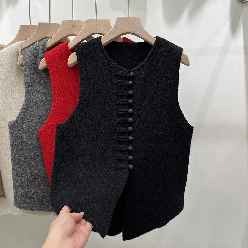 Fashion Autumn Winter Round Neck Solid Color Button Cardigan Sleeveless Sweater Knitted Vest Womens Clothing Basic Tops 250108