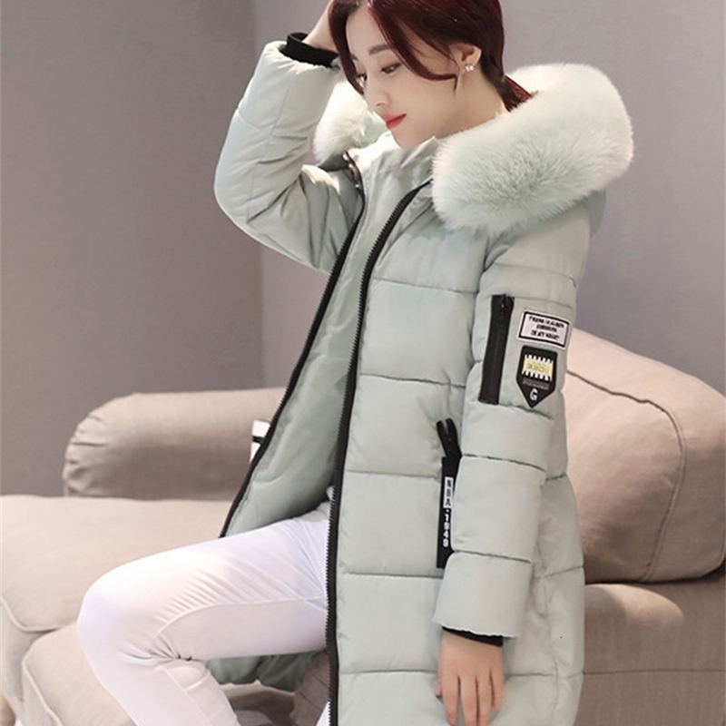 Women Winter Fur Collar Hooded Parka Fashion Letter Patch Zipper Pockets n Long Jacket Elegant Slim Warm Thick Female Coats y241226