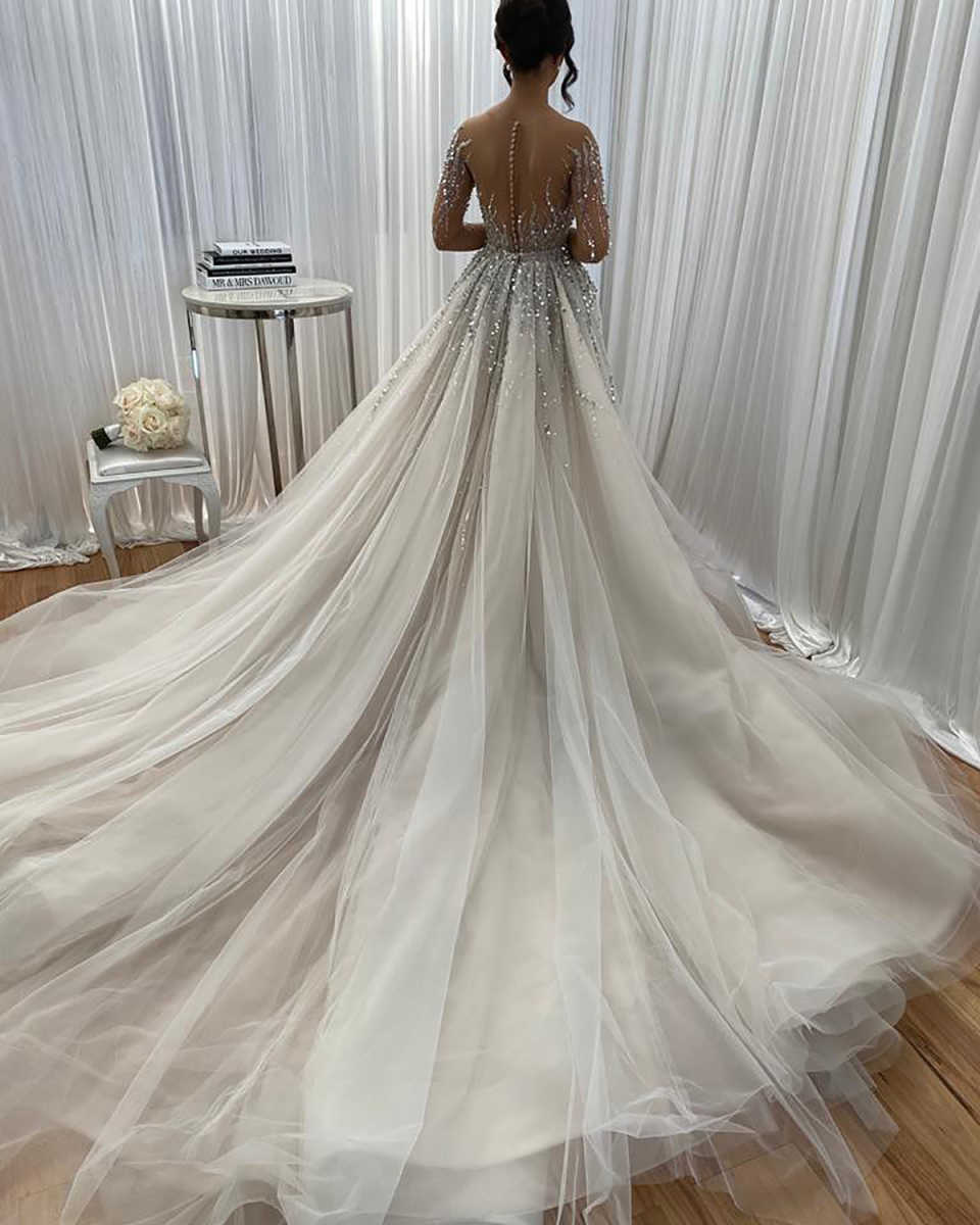 African Mermaid Wedding Dress Sheer Neck Full Sleeves Beaded Sequins Vintage Elegant Bridal Gowns With Detachable Train