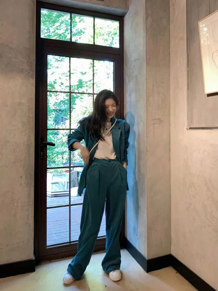 Fashion England Style Blazer Set Women Corduroy Twopiece Suit Ladies Korean High Waist Wideleg Pants and Jacket 250106
