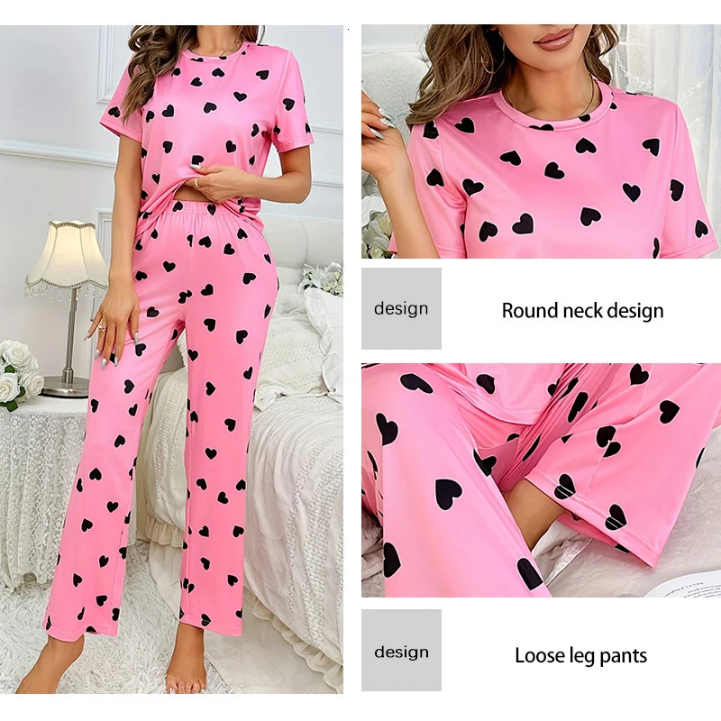 Two Piece Summer Selling Womens Home Leisure and Comfortable Pink Print Love Pajama Set 250110