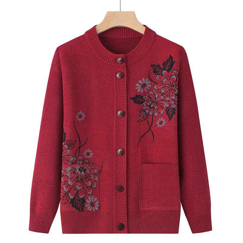 Korean Womens Clothes Knit Woolen Printed Cardigan Coat Middle Aged Mother Knitwear Tops Vintage Grandma Sweater Jacket 250108