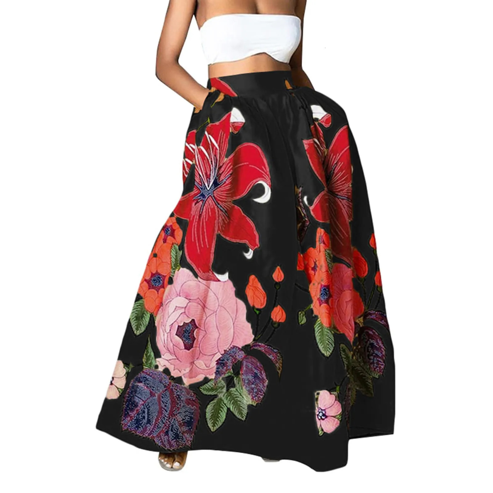 WomenS Fashion Floral Print Loose Half Skirt High Waist Beach Extra Long Dress Roupas Femininas Traf Women Ropa De Mujer 250106