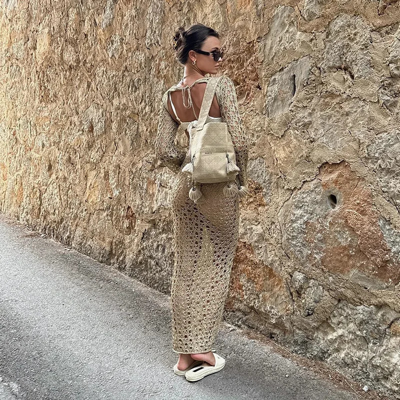 European and American Beach Dress Women Knitted Hollow Solid Color Sexy Open Back Lace Long Sleeved Bikini Cover Ups 250106