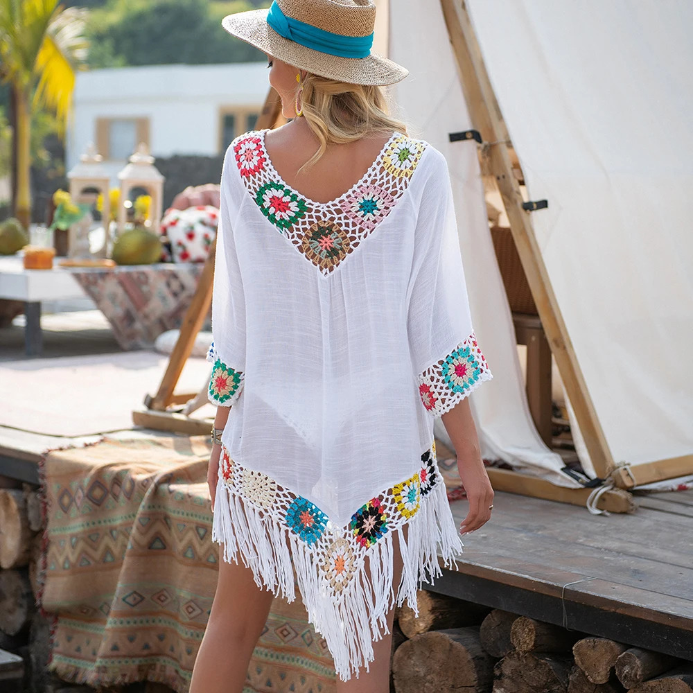 White Bikini Cover Up With Fringe Trim Women Sexy Hollow Tunic Beach Dress Summer Bathing Suit Beachwear 250106