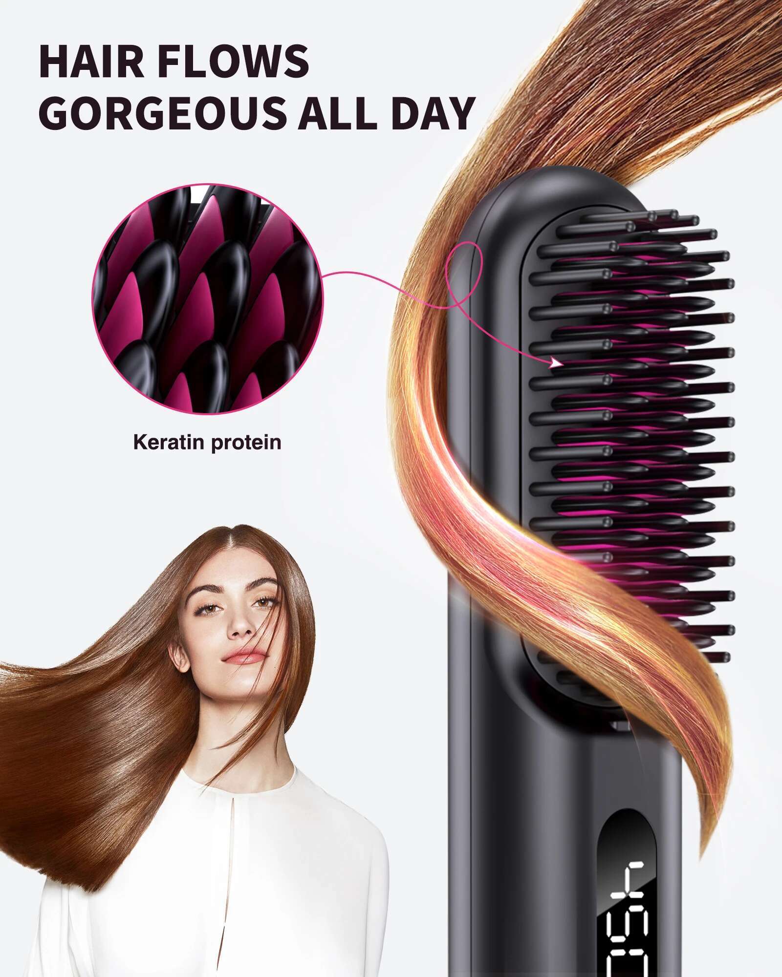 USB Charging Cordless Straightener Brush 10000mAh LED Display Negative Ions Hair Care Ceramic Electric Hot Heating Comb