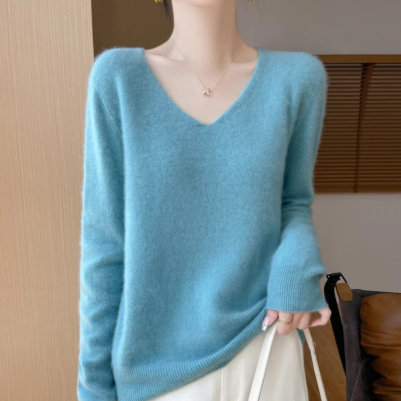Fashion Pullover 100% Merino Wool Women Sweater VNeck Long Sleeve Basic Jumper Spring Autumn Winter Clothing Knitwear Tops 250108