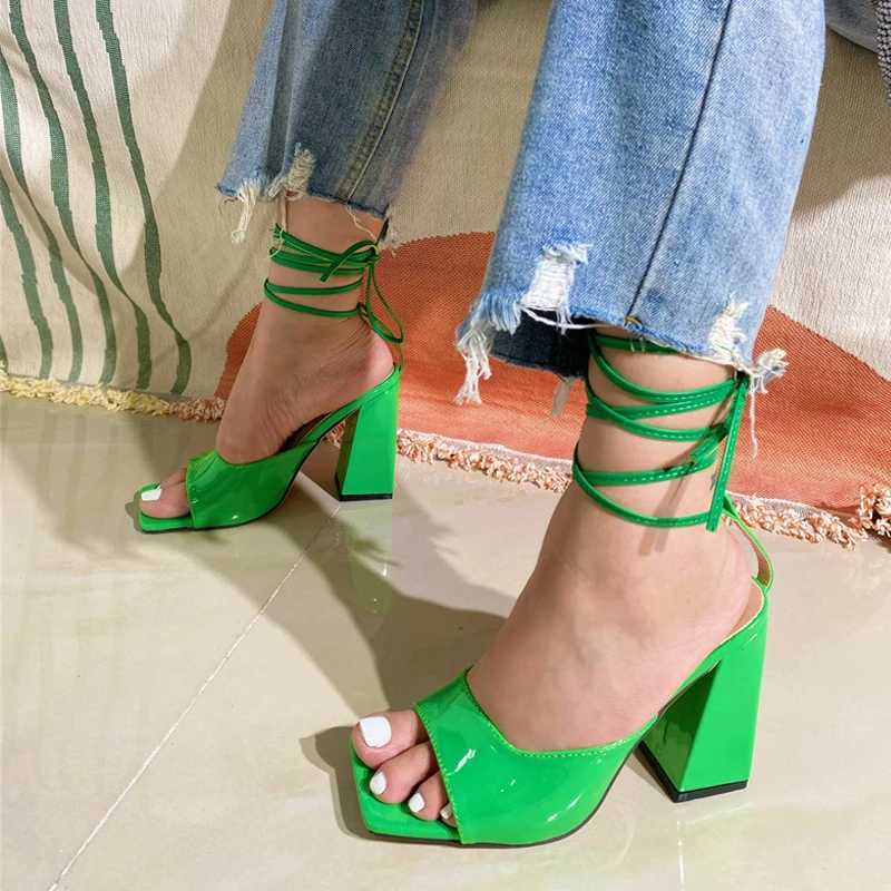 Summer Green Ankle Cross Strap Sandals Women Patent Leather Square High Heels Fashion Open Toe Party Dress Shoes Size 42 250110