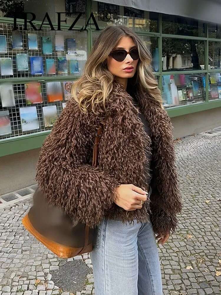TRAFZA Female High Street Faux Fur Loose Warm Brown Turn Down Collar Long Sleeves Winter Thick Coats Woman 2024 Trendy