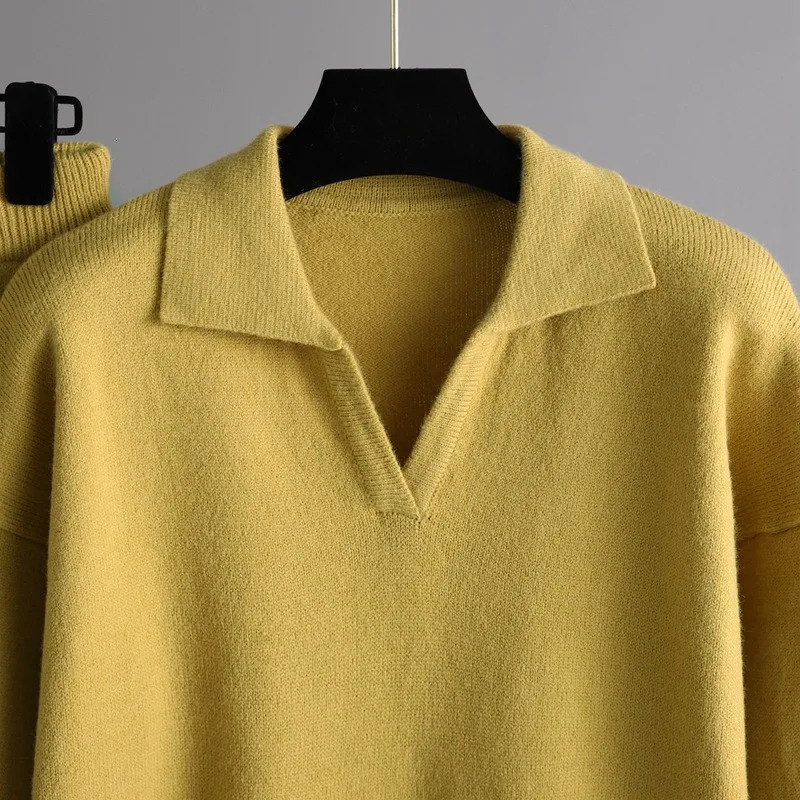 Cashmere Turn Down Neck Knitted Sets Women Winter Casual Two Pieces Sweater and Pants Loose Outfits Tracksuit Pullovers 250106