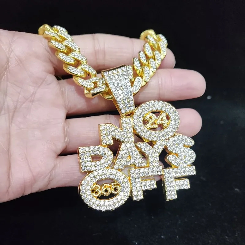 Men Women Hip Hop NO DAYS OFF Pendant Necklace with 13mm Cuban Chain HipHop Iced Out Bling Necklaces Fashion Charm Jewelry 250109