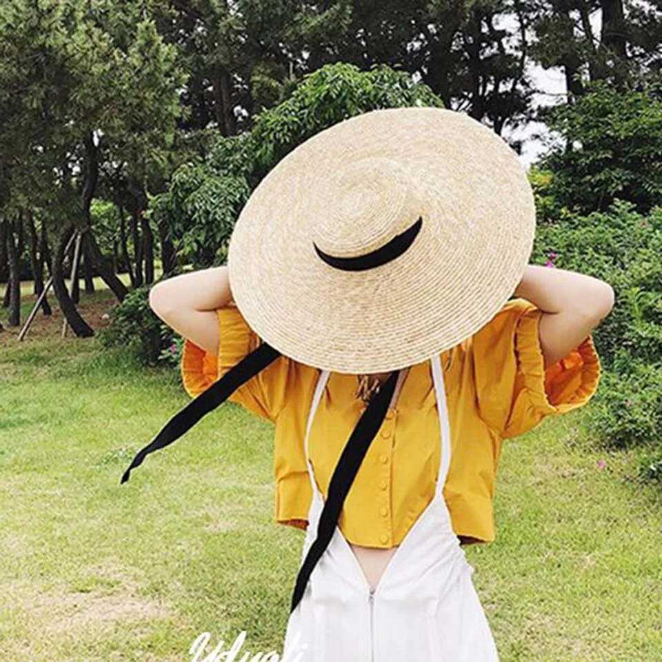 Wide Brim Rowing Hat 15cm 18cm Brim Straw Hat Flat Brim Summer Hat White Black Ribbon Tie Sun Hat X250109