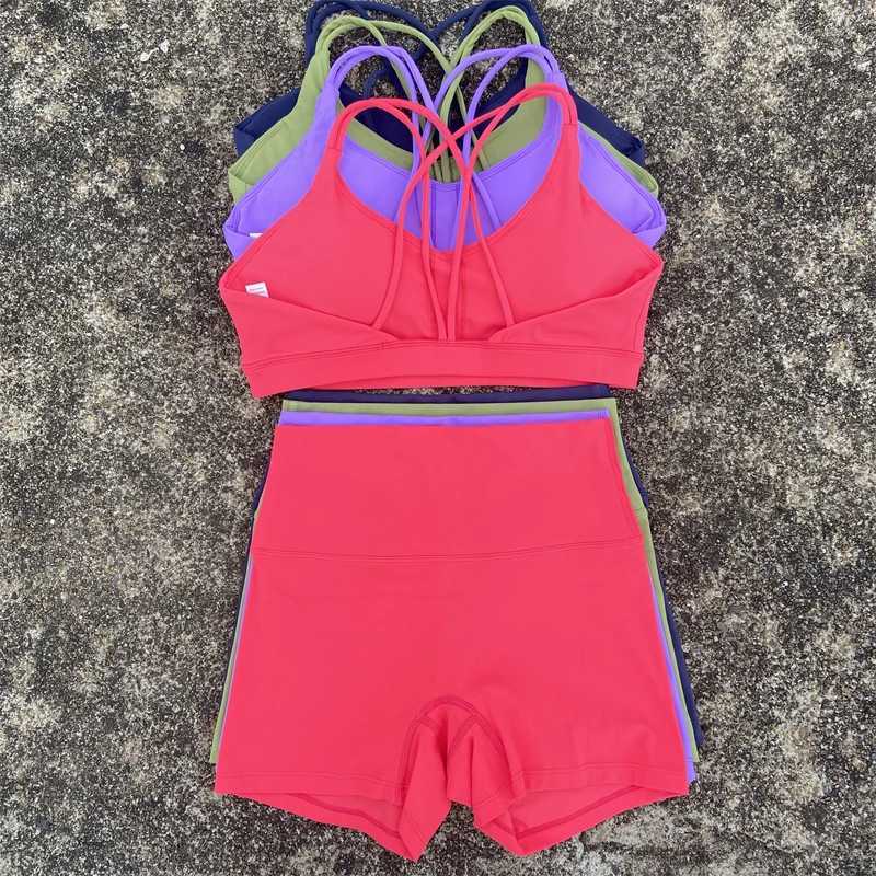 2 Piece Yoga Shorts Set Gym Sports Set Women Workout Outfit Fitness Suit Cross Straps Bra High Waist Shorts Running TracksuitXJ250109