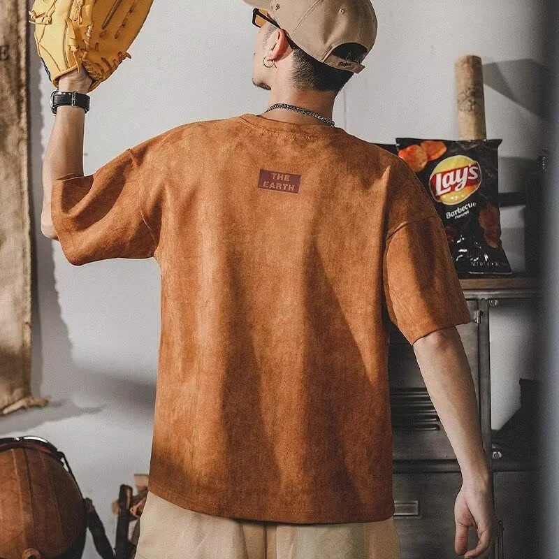 Summer Graphic Printed Suede Short Sleeve Tshirt For Men Y2K Streetwear Oversized Tee Shirts Hip Hop ONeck Tops 250106