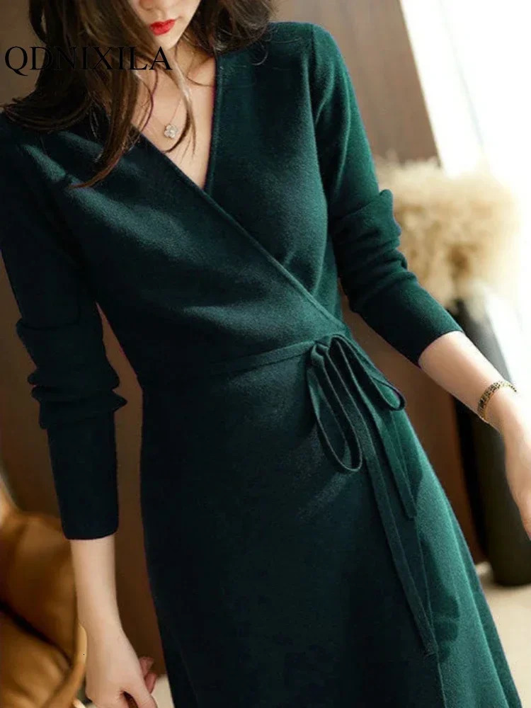 Autumn Winter Sweater Womens Dresses Vneck Wrap Up Dress for Women Woman Clothing Korean Version Loose Elegant Knitted Skirt 250106