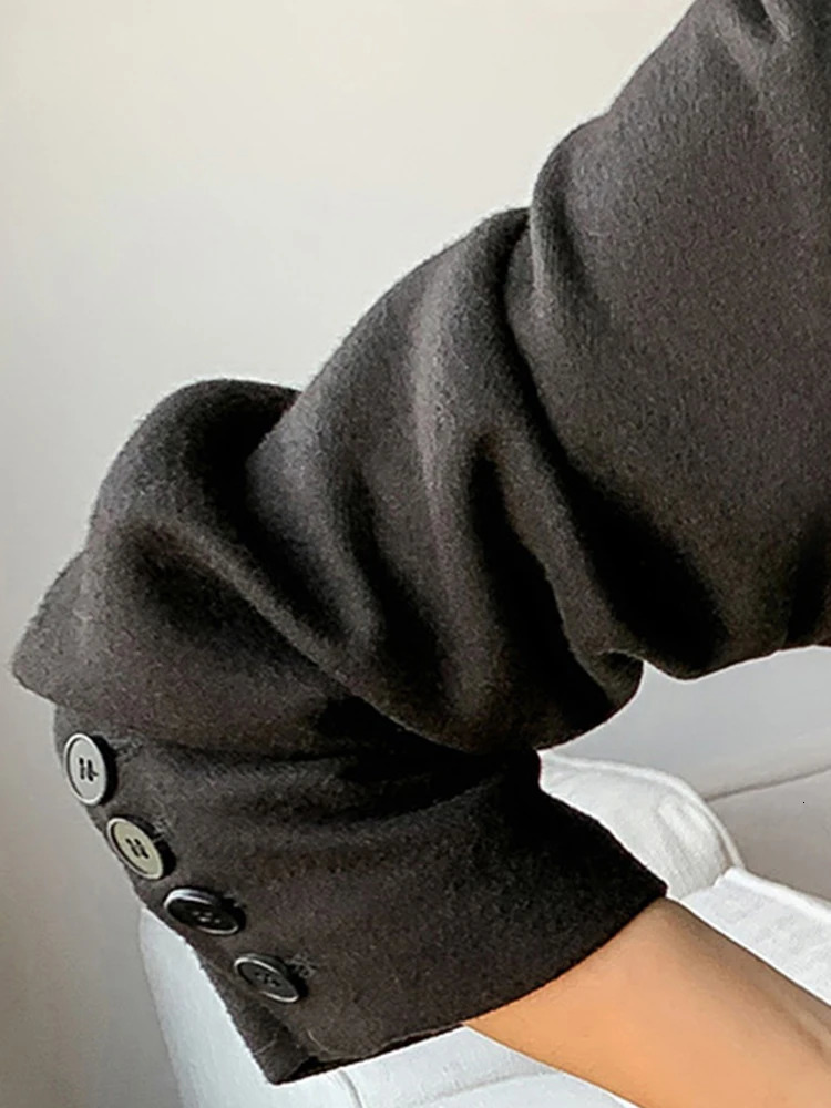 Nerazzurri Autumn Black Wool Blends Patchwork Leather Jacket Women with Many Pockets Long Sleeve Korean Fashion Streetwear 250103
