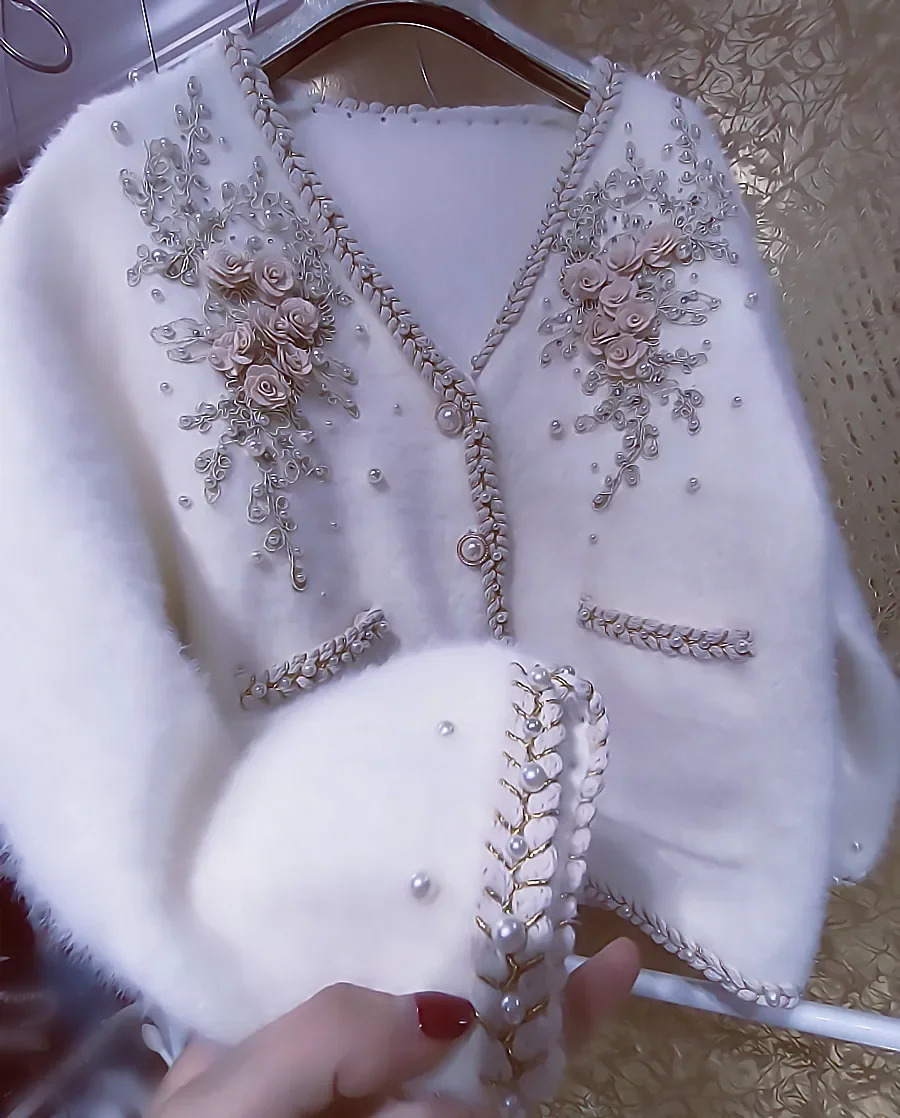 y 3D Flowers y Diamonds Beaded Coarse Mink Cashmere Knitted Cardigan Pearls PlushTwist Edge Mohair Sweater Coat 250108