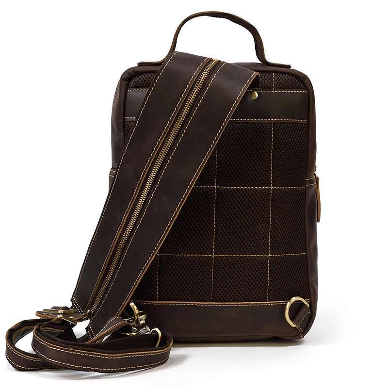 Crazy Horse Mens Chest Bag Single Shoulder 2 Use Vintage Cow Leather Male Travel Backpack Daypack Brown